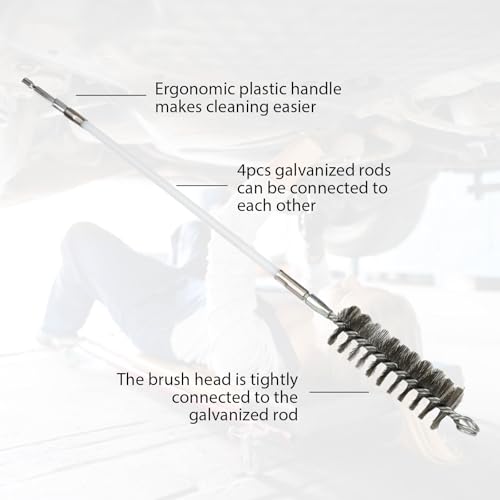 50 Inch Pipe Cleaning Brush Set with Stainless Steel Bristles, Wire Brush with 4 Flexible Rods and Hexagonal Connecting Rod, Stainless Steel Pipe Brush Set (3/5, 1, 1 3/5, 2 in Brush Heads)