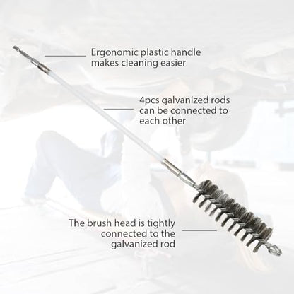 50 Inch Pipe Cleaning Brush Set with Stainless Steel Bristles, Wire Brush with 4 Flexible Rods and Hexagonal Connecting Rod, Stainless Steel Pipe Brush Set (3/5, 1, 1 3/5, 2 in Brush Heads)