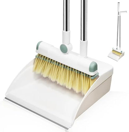 Broom and Dustpan Set 50" Long Handle Foldable Stand Up Broom and Dustpan with Comb Teeth for Indoor & Outdoor Sweeping Home Dog Cat Pets (White) - color: White