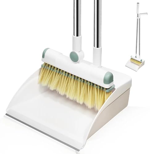 Broom and Dustpan Set 50" Long Handle Foldable Stand Up Broom and Dustpan with Comb Teeth for Indoor & Outdoor Sweeping Home Dog Cat Pets (White) - color: White