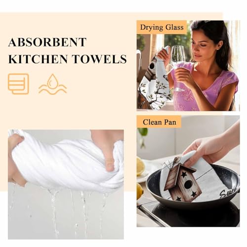 Bird Houses Kitchen Towels Set of 4 Sparrows Home Sweet Branch Star White Wood Grain Decorative Dish Towels Ultra Soft Microfiber Absorbent Reusable Dishcloths for Kitchen Drying, 18x28 Inch - size: 28" x 18" (Pack of 4)