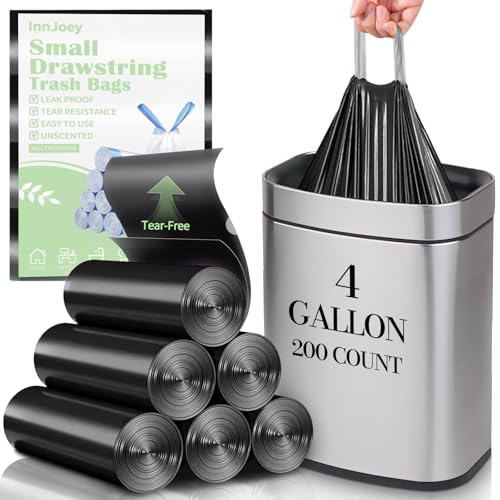 200 Count Small Drawstring Trash Bags for 4-Gallon (15 L) Trash Cans,Thick Pre-separated Garbage Bags, Mini Wastebasket can Liners for Bathroom Bedroom Office(Black) - color: Black-4Gallons, size: 1 Count (Pack of 200)