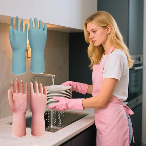 2/3 Pairs Universal Assorted Multi Latex Cleaning Rubber Gloves for Dishwashing, Kitchen, Bathroom, and Household Use, Waterproof, Non-Slip, Durable Reusable Gloves - color: Blue pink