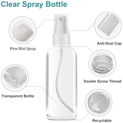2 oz Small Spray Bottles for Travel, TSA Approved Clear Plastic Fine Mist Travel Size Toiletries Containers, Leak-Proof Refillable Empty Mini Liquid Cosmetics Dispenser Kit with Funnels & Labels