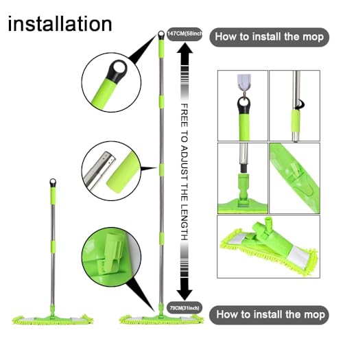 Dust Mop for Floor Cleaning with 2 Washable Chenille Pads and Extendable 58” Long Handle, Dry Wet Flat Mop with Scouring Pad for Hardwood, Laminate, Tile, Marble (Green) - color: Green