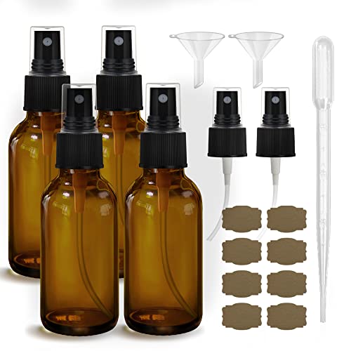GIVAMEIHF Amber Glass Spray Bottles 4oz,Small Empty Glass Spray Bottle Fine Mist Spray Refillable Containers,Mini Travel Spray Bottles set of 4,Included 6 Sprinkler,2 Funnels,1 Droppers,8 Labels - color: 4oz 4 Pcs