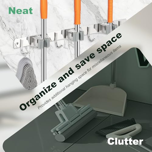 Mop Broom Holder Wall Mount, Non Slip Broom Mop Holder, Broom Organizer, Stainless Steel Broom Hanger Wall Mount for Home Kitchen Garden Laundry Garage, 2 Mounting Methods (Style 1) - color: Style 1