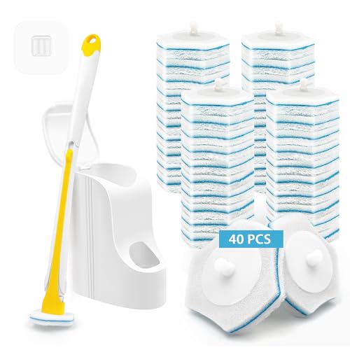 JEHONN Disposable Toilet Brush with 40PCS Wand Cleaner Refills, Wall Mounted Toilet Bowl Brush Holder Set, Bathroom Cleaning System for Sink Bathtub Wash Basin (Yellow) - color: Yellow