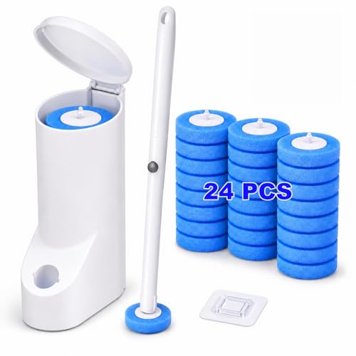 Disposable Toilet Brush, Toilet Bowl Cleaner Brush with 24 Wand Cleaner Refills, Wall Mounted Toilet Brush and Holder Set for Bathroom Deep Cleaning and Hygienic