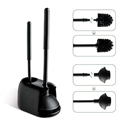 Eyliden Toilet Plunger and Brush Set, 2-in-1 Compact Holder | Unclogs Toilets, Deep Cleans Bowls, Nylon Bristles, Rubber Cup, Durable Plastic Caddy, Space-Saver, Bathroom Cleaning Tools - color: Black