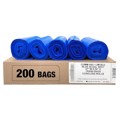 Ultrasac Heavy Duty 55 Gallon Blue Trash Bags - (Value 200 Pack) - 1.5 MIL equivalent Industrial Strength Plastic 37" x 54" for 50-55 Gal Cans -Fits Toter, Rubbermaid Brute, Carlislie Bronco etc. - color: Blue, style: 50-55 Gal, 1.5 Mil Equiv, 200 Count