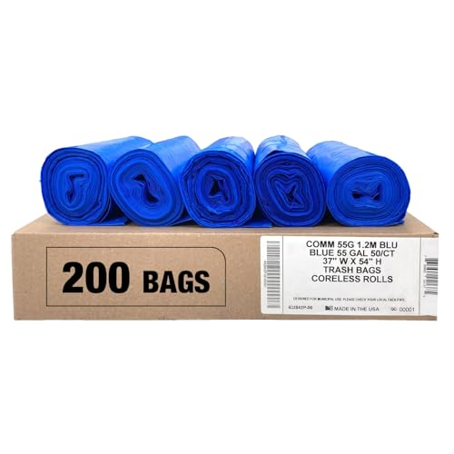 Ultrasac Heavy Duty 55 Gallon Blue Trash Bags - (Value 200 Pack) - 1.5 MIL equivalent Industrial Strength Plastic 37" x 54" for 50-55 Gal Cans -Fits Toter, Rubbermaid Brute, Carlislie Bronco etc. - color: Blue, style: 50-55 Gal, 1.5 Mil Equiv, 200 Count