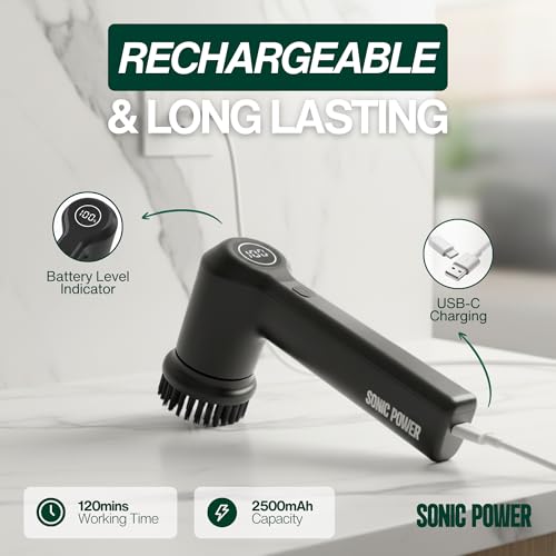 SonicPower Electric Spin Scrubber – Handheld & Ergonomic, IPX7 Waterproof, 4 Multi-Purpose Brush Heads, Long-Lasting Rechargeable Battery – Cleans Dishes, Bathroom, Tile, Grout & Kitchen (Black) - color: Black