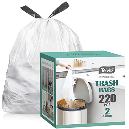 2 Gallon Small 220 Counts Strong Drawstring Trash Bags Garbage Bags by Teivio, Bathroom Trash Can Bin Liners, Plastic Bags for home office kitchen, White - style: 220-2Gallon-White