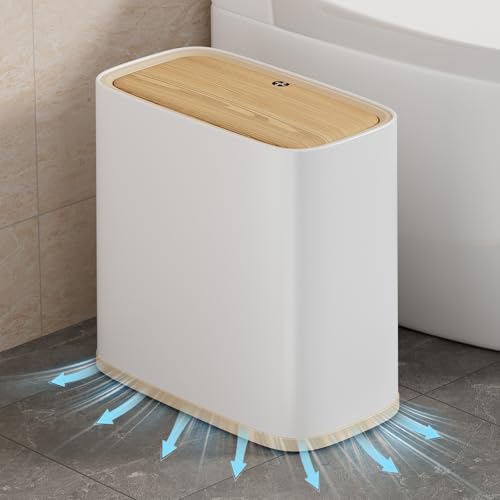 Bathroom Trash Can with Lid and Wheels, 10L/2.6 Gal Small Slim Garbage Can, Air-Press Bag Expander, Odor & Pet Proof, Wood Grain Press Lid, White Wastebasket for Bedroom, Office, Living Room - color: White and Wood Grain, size: 10L/2.6Gal