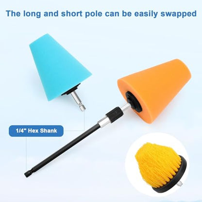 Linkstyle 5PCS Drill Polishing Cone Set, Car Wheel Polisher Sponge Pad Kit with Long Extension Pole & Cleaning Brush, Buffing Cone for 1/4" Hex Drill, Car Rim and Metal Surface Polishing Tool - style: Cone_5PCS