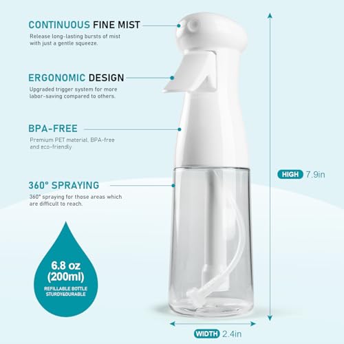 Bealee Spray Bottle For Hair, Continuous Mister Empty Spray Bottles, Ultra Fine Mist Water Sprayer for Hairstyling, Cleaning, Plants, Pets, Barbers, Salons, Essential Oil Scents - 2 Pack 6.8 OZ - color: Black & White, 2 Pack