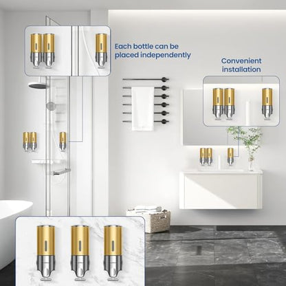 Shampoo and Conditioner Dispenser,Dispensers for The Shower,Shower Soap Dispenser 3 Chamber No Drill,Shampoo Conditioner Body Wash Dispenser Wall Mount for Bathroom(Triple x 17.6 oz,Golden) - color: Golden