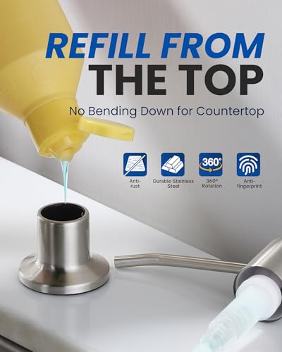 Built in Kitchen Sink Soap Dispenser: Stainless Steel Pump Head with 17 Ounce Large Soap Bottle, Easy Top Refill Design – No Bending Down for Countertop, Brushed Nickel - color: Brushed Nickel