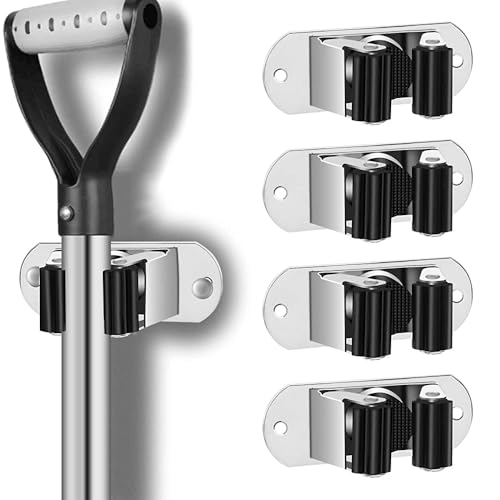 Mop and Broom Holder Wall Mount Heavy Duty Stainless Steel Wall Mounted Broom Organizer Laundry Room Home Garden Garage Storage and Organization Rack (Silver) - color: Silver