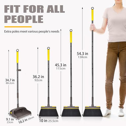 JEHONN Broom with Dustpan Combo Set Lightweight 54'' Long Handle Swivel Broom Indoor Patented Openable Dust Pan Tail for Kitchen Home Office (Brown Yellow)