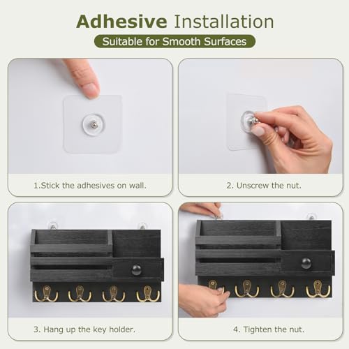 Key Holder Wall Mount, Wooden Adhesive Mail and Key Organizer with Drawer, Small Shelf, 8 Hooks, 2 Installation Methods, Black - color: Black