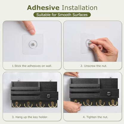 Key Holder Wall Mount, Wooden Adhesive Mail and Key Organizer with Drawer, Small Shelf, 8 Hooks, 2 Installation Methods, Black - color: Black