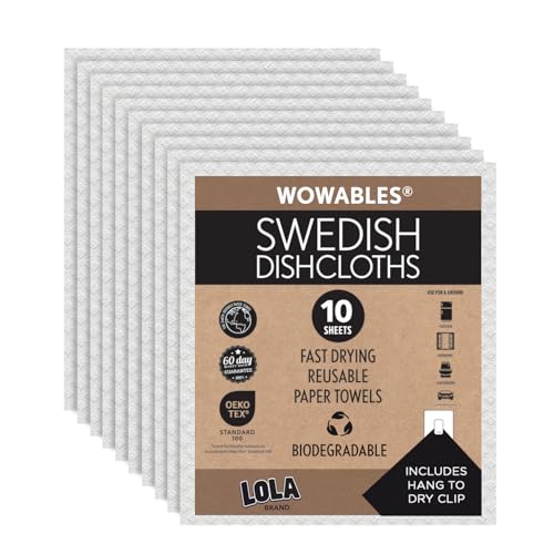 LOLA Swedish Dishcloths for Kitchen 10 Sheets, Biodegradable & Compostable Reusable Paper Towel Cleaning Cloths No Odor Washing Dishes Ultra Absorbent Cellulose Sponge Towel Made in Germany - color: Natural, size: 10 Sheets