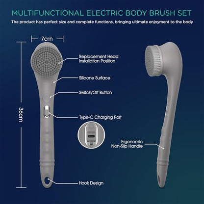 VOYOR Electric Body Brush Back Scrubber Silicone Body Scrubber Two-Way Rotating Brush Head for Deep Cleaning, Exfoliation, 4 Attachments Long Handle IPX6 Rechargeable Shower Brush BC300 (Grey) - color: Grey
