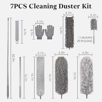 Microfiber Feather Duster Kit with Extension Pole, 7 PCS Washable Reusable Duster for Cleaning, 100'' Bendable Extendable Long Duster with Stainless Steel Pole for High Ceilings, Fans, Furniture & Car - size: 7PCS: Gap Brush & Chenille Duster & Gloves Set
