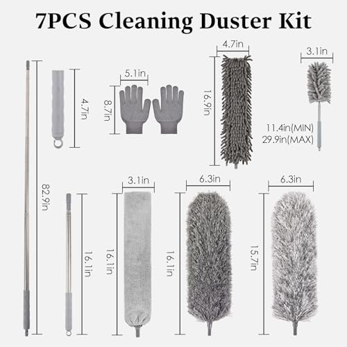 Microfiber Feather Duster Kit with Extension Pole, 7 PCS Washable Reusable Duster for Cleaning, 100'' Bendable Extendable Long Duster with Stainless Steel Pole for High Ceilings, Fans, Furniture & Car - size: 7PCS: Gap Brush & Chenille Duster & Gloves Set