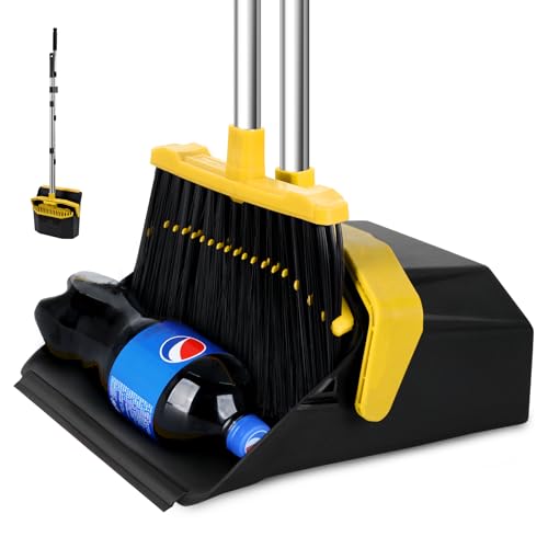 Tiumso Broom with Dustpan Combo Set, Brooms and Dustpans Sets with 51'' Long Handle, Large Dust Pan and Broom, Self-Cleaning Dustpan Teeth for Lobby Kitchen Office - Black and Yellow - color: Yellow and Black