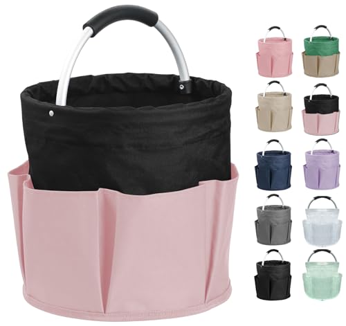 17L Cleaning Supply Caddy for Family, Portable Shower Caddy with Handle and 6 Pockets, Foldable Tool Bucket Organizer, Large Storage Basket for Camping, Gardening, Black with Pink - color: Black with Pink, size: 1PCS