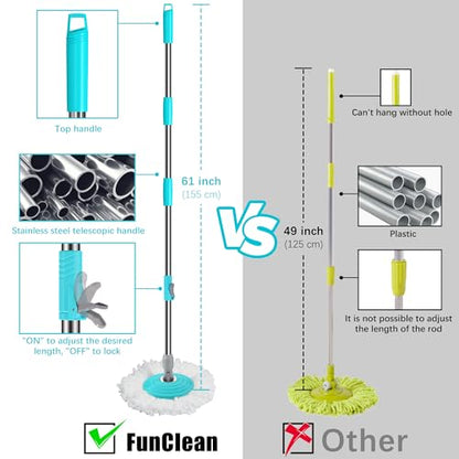 FunClean Spin Mop and Bucket for Home Cleaning, 360° Rotating Floor Mop with Wringer, Adjustable 61" Handle for Back Pain Relief, 6 Microfiber Replacement Heads, 2 Easy-Move Wheels - Blue - size: Blue Mop Bucket with 6 Extra Refills