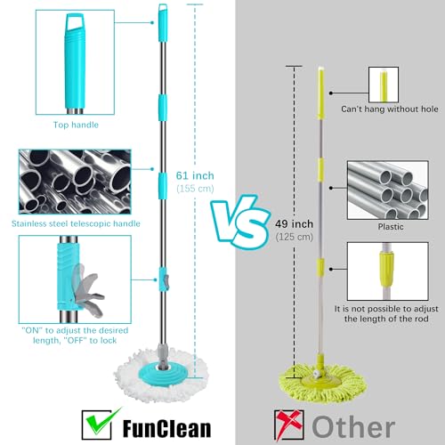 FunClean Spin Mop and Bucket for Home Cleaning, 360° Rotating Floor Mop with Wringer, Adjustable 61" Handle for Back Pain Relief, 6 Microfiber Replacement Heads, 2 Easy-Move Wheels - Blue - size: Blue Mop Bucket with 6 Extra Refills