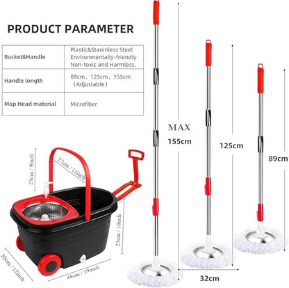mop and Bucket Set with Wringer - 360° Rotating Mop Bucket Floor Cleaning System on Wheels, 3 Microfiber Mop Refills for Fast Cleaning, Extendable 61"" Stainless Steel Handle, Black&red