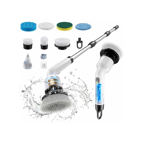 Electric Spin Scrubber, Cordless IPX7 Waterproof Cleaning Brush with Dual-Hook Design, 7 Replaceable Brush Heads, Adjustable Telescopic Handle & 2 Speeds for Bathroom, Kitchen, Floor