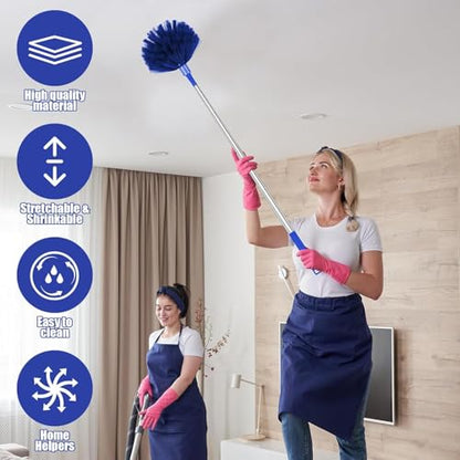Cobweb Duster with Extension Pole, 30-100 Inch Long Handle Stainless Steel Telescoping Pole, Washable Duster with Medium-Stiff Bristles for Ceiling Fan, High Ceilings, Blinds, Furniture, Kitchen, Home