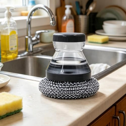 Soap Dispensing Palm Brush - 176g Dish Cleaner Brush with Soap Dispenser | Heavy Duty Refillable with Handle for Pots Pans Counter Elderly Home Cooks Busy Parents Professionals