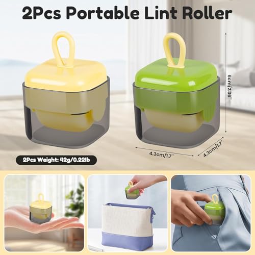 Mini Portable Lint Roller Set, 2 Pack, Reusable Washable Sticky Rollers for Pet Hair, Purse and Home, Beige and Green