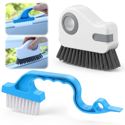 2 Pcs Window Track Cleaner Brush, Window Sill Cleaner Tool with Scraper, Multifunctional Hard Bristle Grip Brush for Sliding Door Track, Windows Sill, Windows Seal
