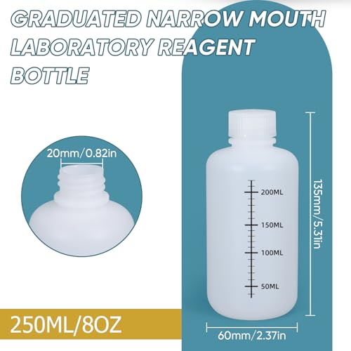 8oz/250ml Narrow Mouth Plastic Bottles with Caps, HDPE Laboratory Grade Graduated Liquid Containers for Reagent Sample Medicine Water Storage (Translucent, 4 Pcs) - size: 8 oz