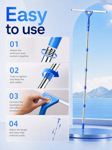 Window Cleaning Kit with Bucket, Window Squeegee and Microfiber Scrubber, 76-Inch Extension Pole Window Washer Set for Glass Doors, Shower Doors, Mirrors and Car Windows