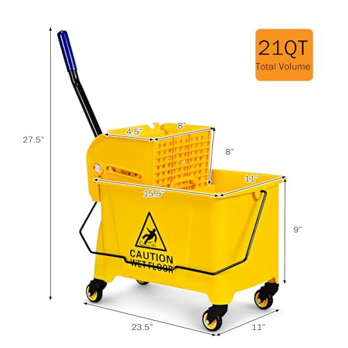 ARLIME Commercial Mop Bucket with Wringer, 21 Quart Capacity Portable Wringer Trolley, Side Press Floor Cleaning Wavebrake w/Handle, Small Mop Bucket on Wheels for Home, Industrial, Yellow - size: 21 Quart