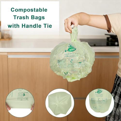 HECTOLIFE 1.6 Gallon 300 Count,Compostable Bags Handle Tie,Tear Resistant Kitchen Food Scrap Waste Bag, ASTM D6400, US BPI and Europe OK Compost Home Certified - style: 1.6gallon (300count)