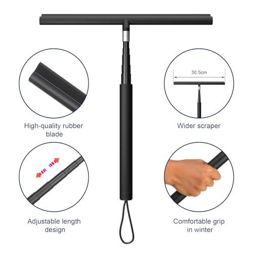 Upgrade Detachable and Retractable Handle,Shower Squeegee for Glass Doors and Tile Door Cleaner Bathroom Squeeze Walls squeegees with 2 Adhesive Hooks (Black) - color: Black