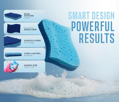 Blue Scrub Sponges Pack of 6 – Dual-Sided Kitchen Sponges for Cleaning – Non Scratch for Dishes, Bathroom, Surfaces – Durable Dishwashing Sponge