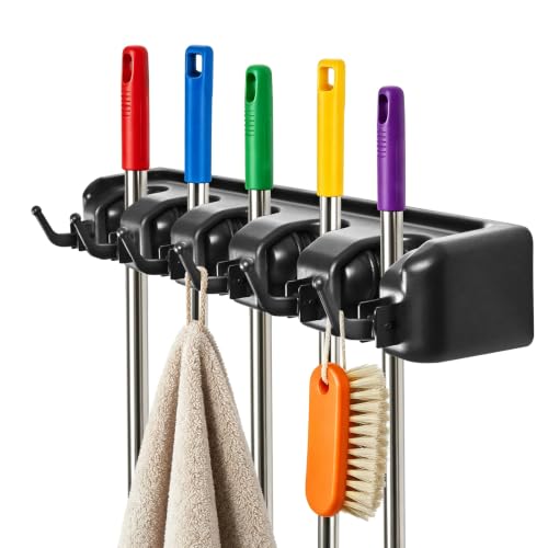 Broom Holder Wall Mount, Heavy Duty Mop Holder Wall Mount with Hooks & Slots, Garage Storage Wall Hanger for Shovel, Rake, Kitchen, Laundry & Shed