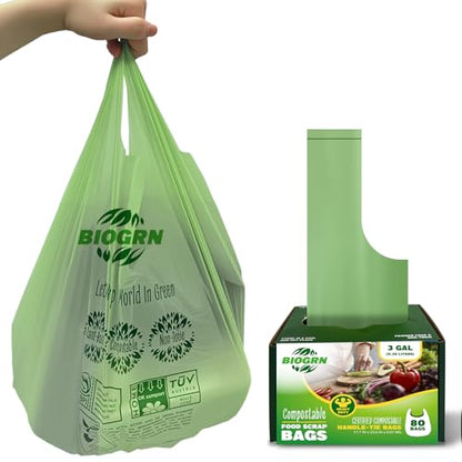 2.6-3 Gallon Compostable Trash Bags with Handles 80 Count 0.67 Mil 11.36 L Small Kitchen Wet Food Scrap Waste Compost Bag for Countertop Bin ASTM D6400 US BPI and OK Compost Home Certified - color: 3 Gal, Handles Bags, 80 Count