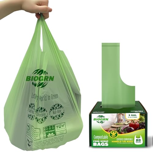2.6-3 Gallon Compostable Trash Bags with Handles 80 Count 0.67 Mil 11.36 L Small Kitchen Wet Food Scrap Waste Compost Bag for Countertop Bin ASTM D6400 US BPI and OK Compost Home Certified - color: 3 Gal, Handles Bags, 80 Count